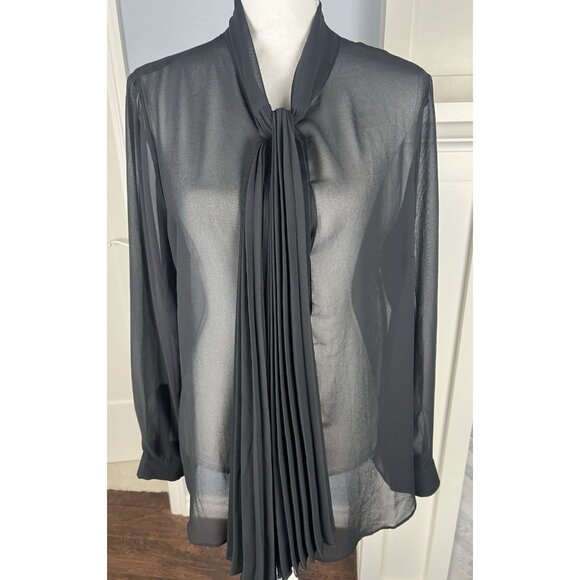 DENNIS BY DENNIS BASSO WOMEN BLACK SIZE 14 BLOUSE W/LONG Pleated Attached Scarf - Picture 1 of 10